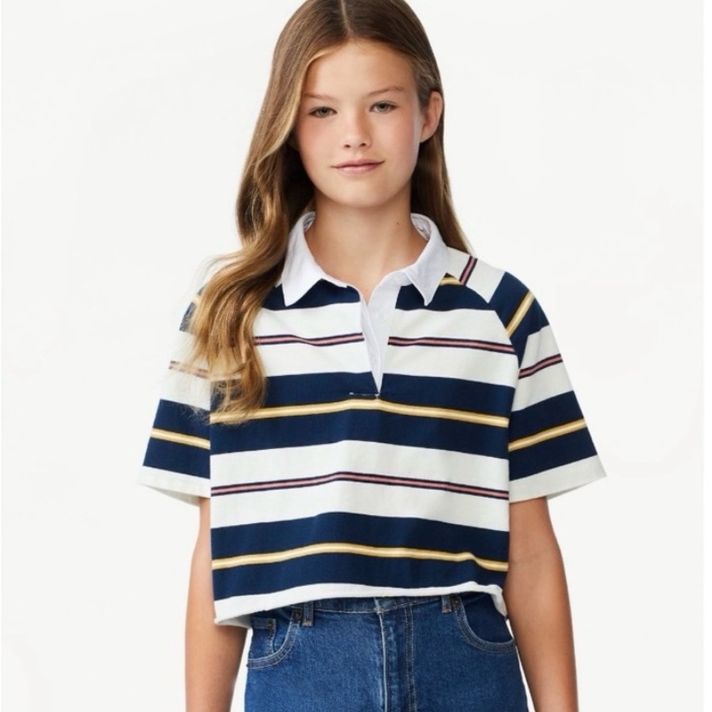 Free Assembly rugby cropped Striped Navy and White Kids Polo Shirt 10/12